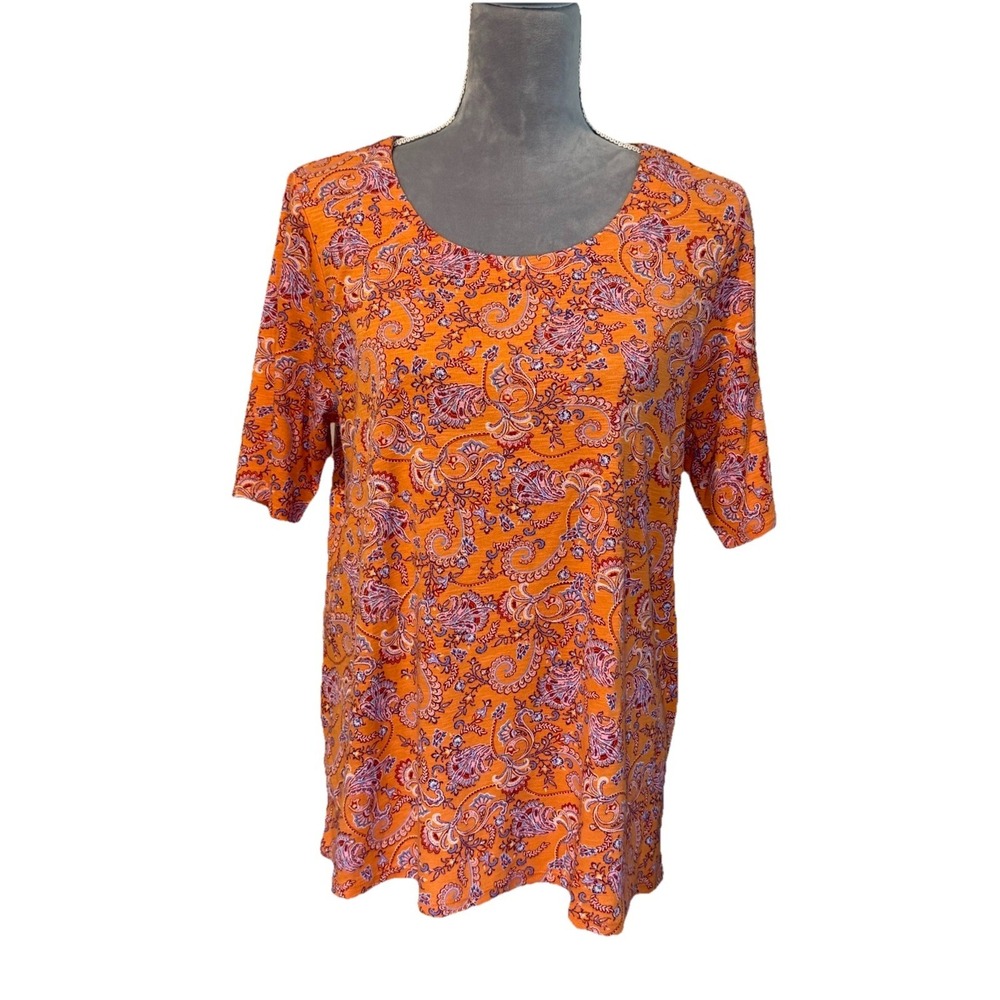 J Jill Top Womens LP Orange Purple Pima Slub Scoop Neck Side Slit Tee Everyday‎